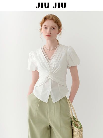 Lace-Detail Bubble Sleeve Knotted Blouse