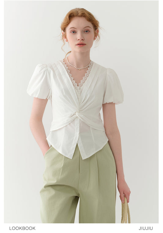 Lace-Detail Bubble Sleeve Knotted Blouse