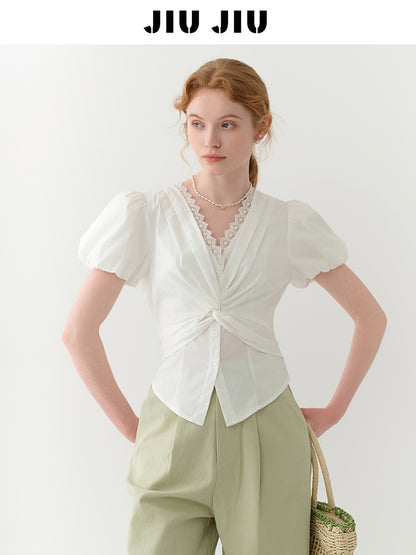 Lace-Detail Bubble Sleeve Knotted Blouse