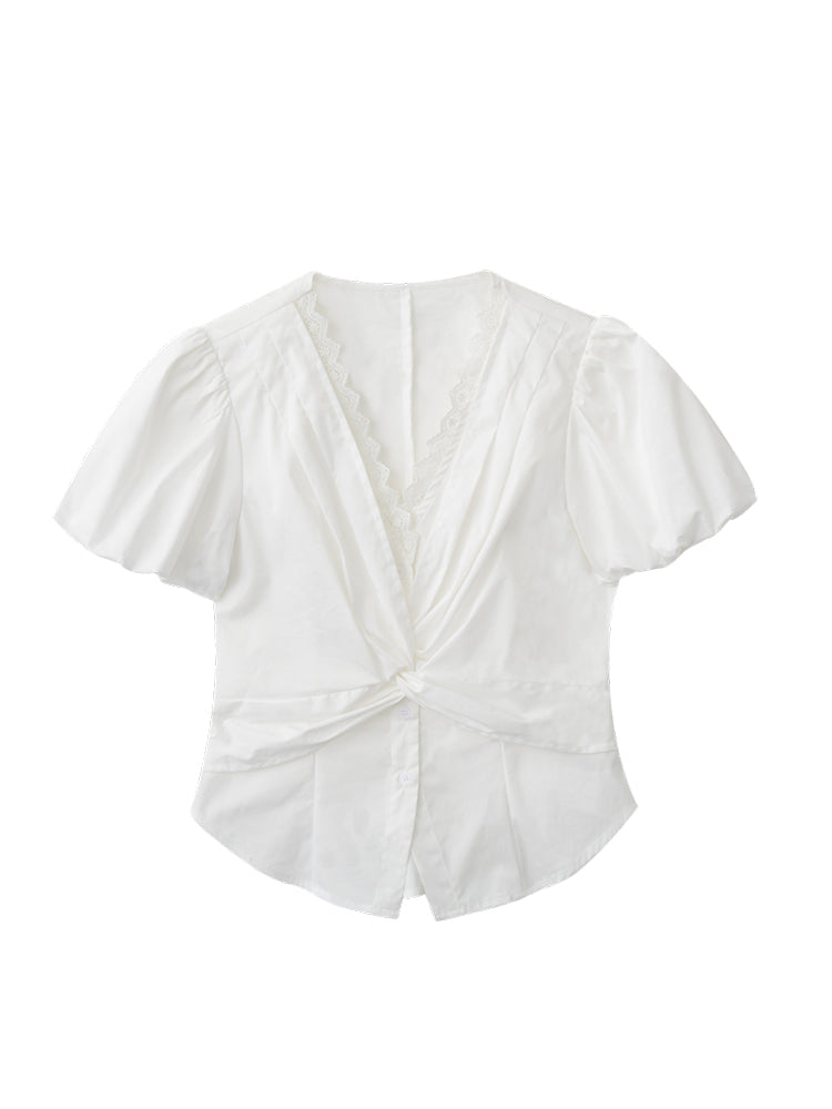 Lace-Detail Bubble Sleeve Knotted Blouse