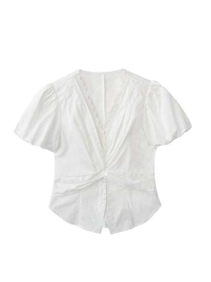 Lace-Detail Bubble Sleeve Knotted Blouse