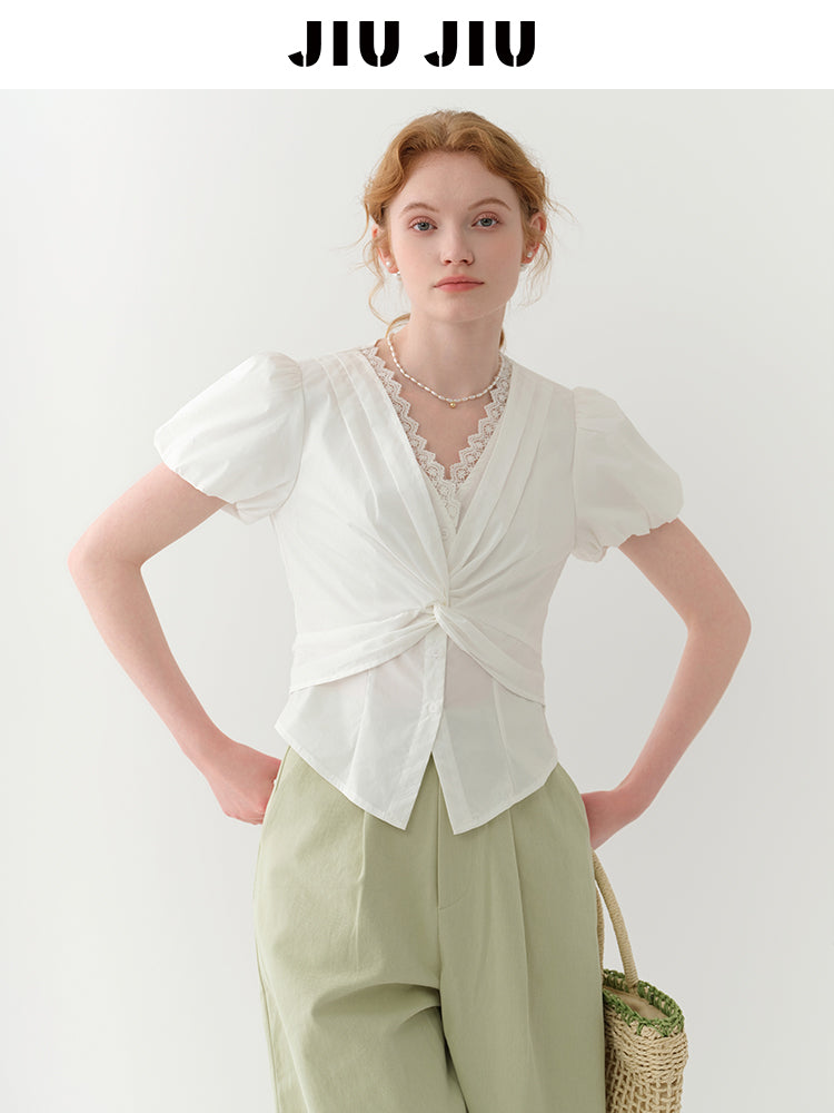 Lace-Detail Bubble Sleeve Knotted Blouse