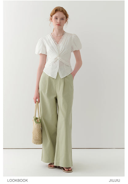 Lace-Detail Bubble Sleeve Knotted Blouse