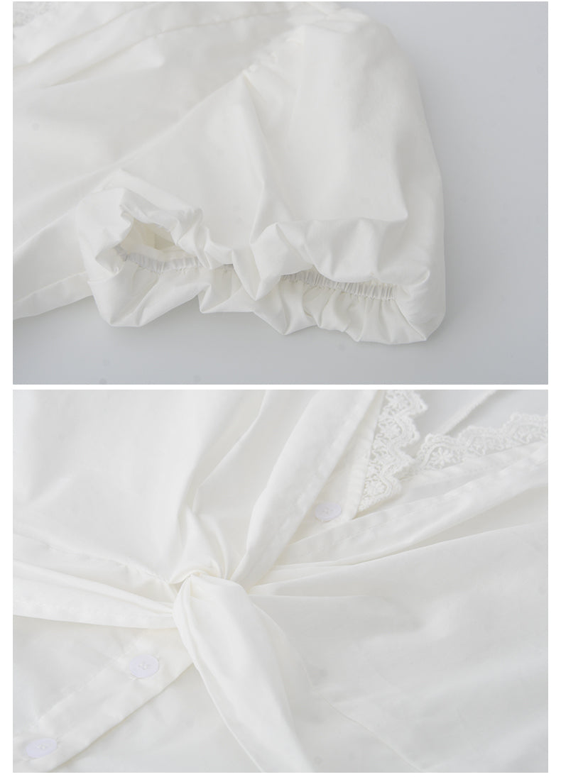 Lace-Detail Bubble Sleeve Knotted Blouse