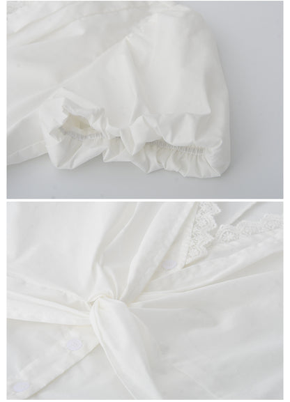 Lace-Detail Bubble Sleeve Knotted Blouse