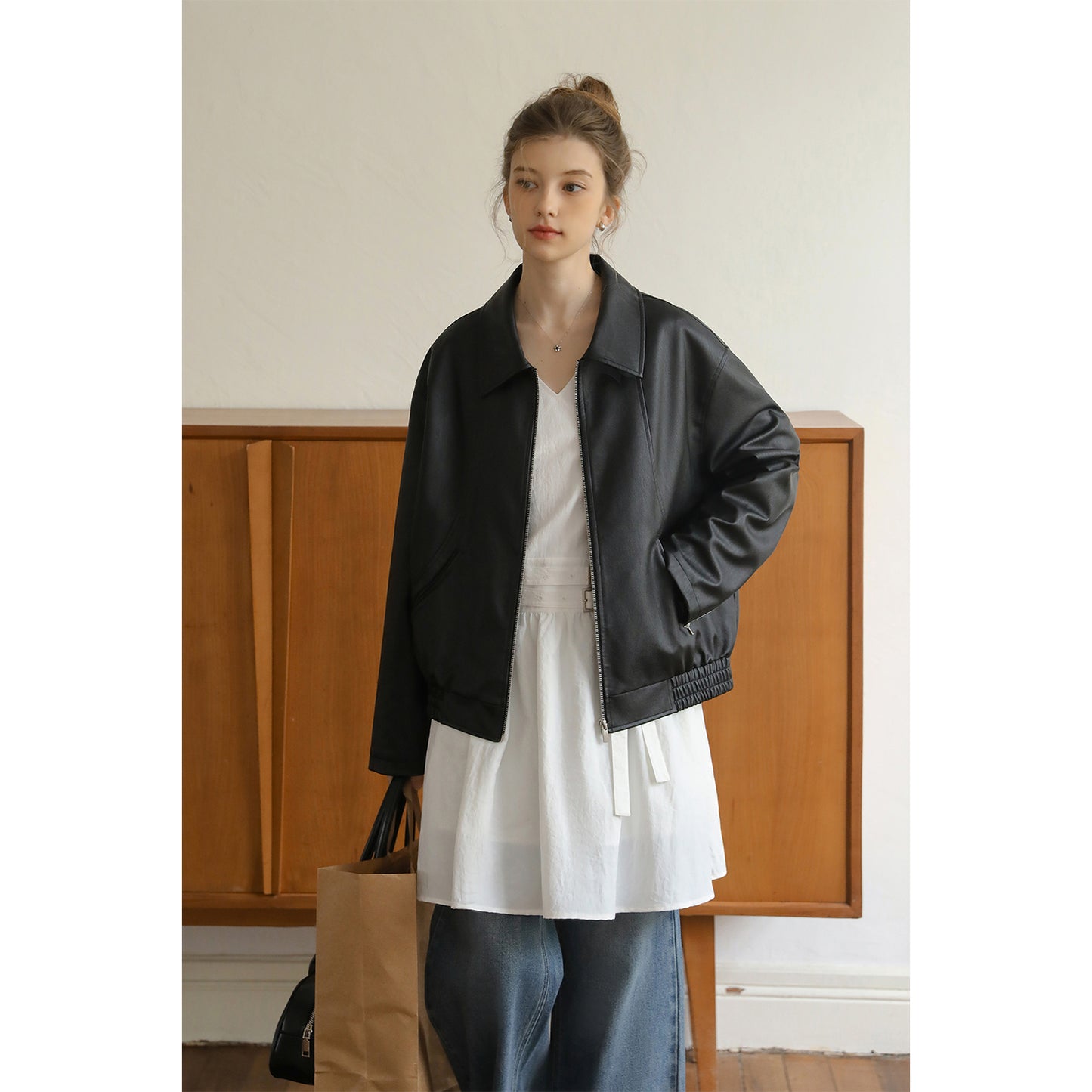 Zip-Up Faux Leather Jacket With Elastic Hem