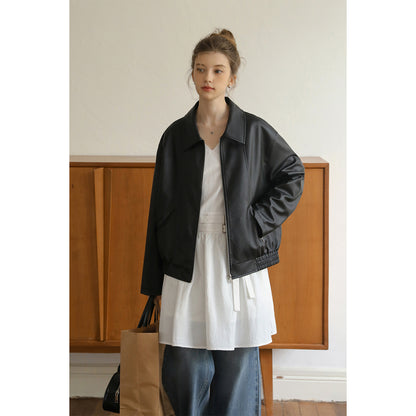 Zip-Up Faux Leather Jacket With Elastic Hem