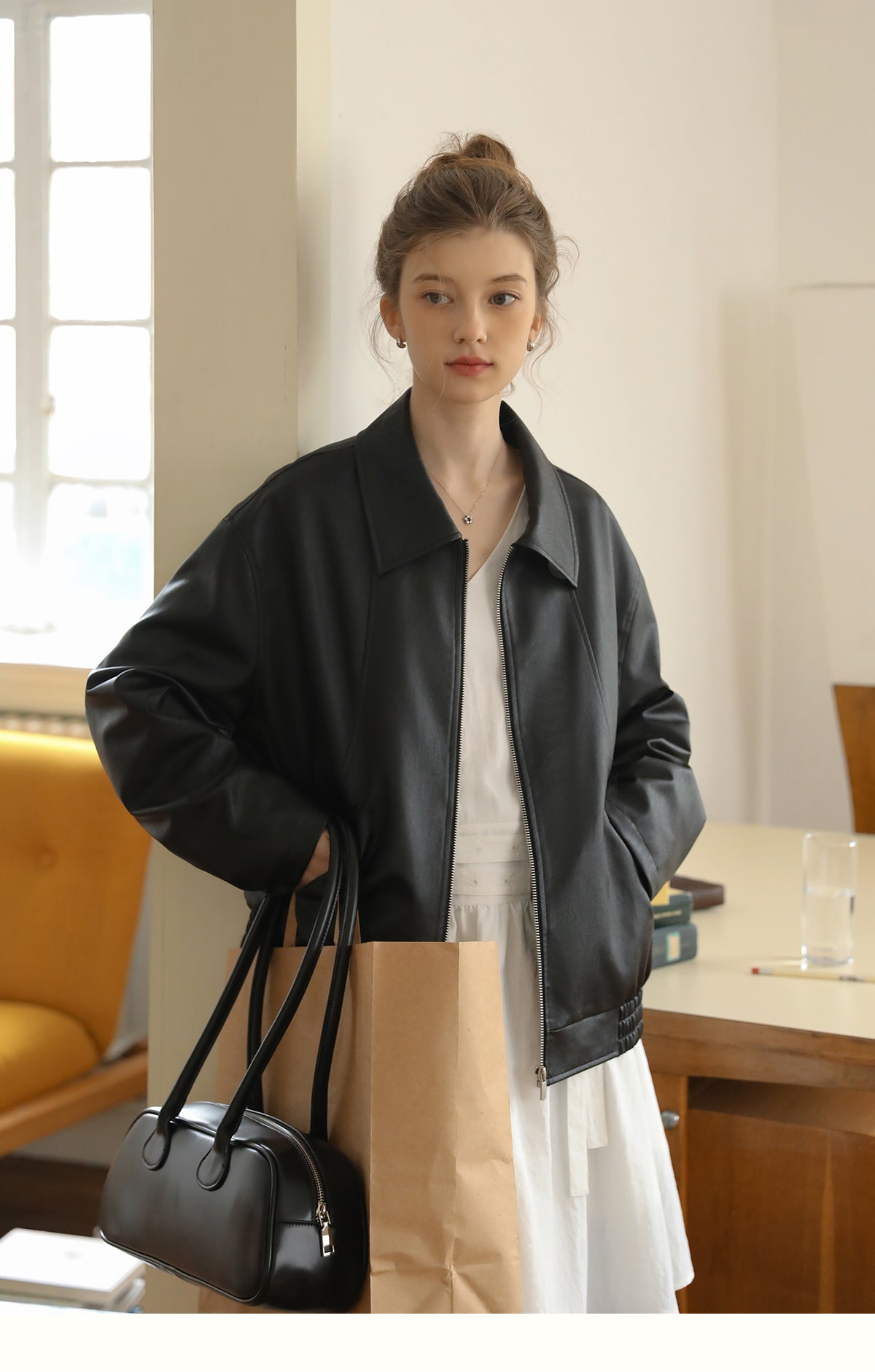 Zip-Up Faux Leather Jacket With Elastic Hem