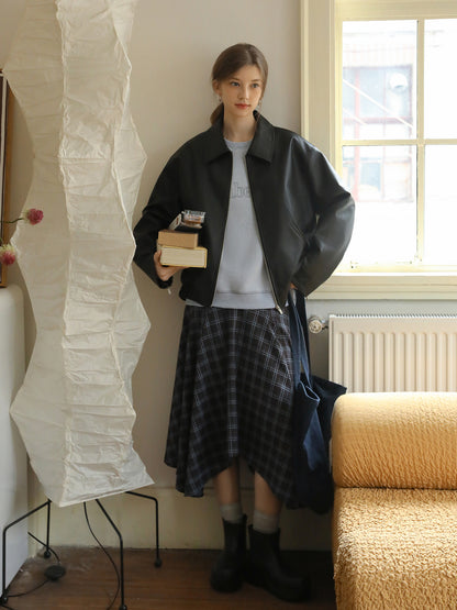 Zip-Up Faux Leather Jacket With Elastic Hem