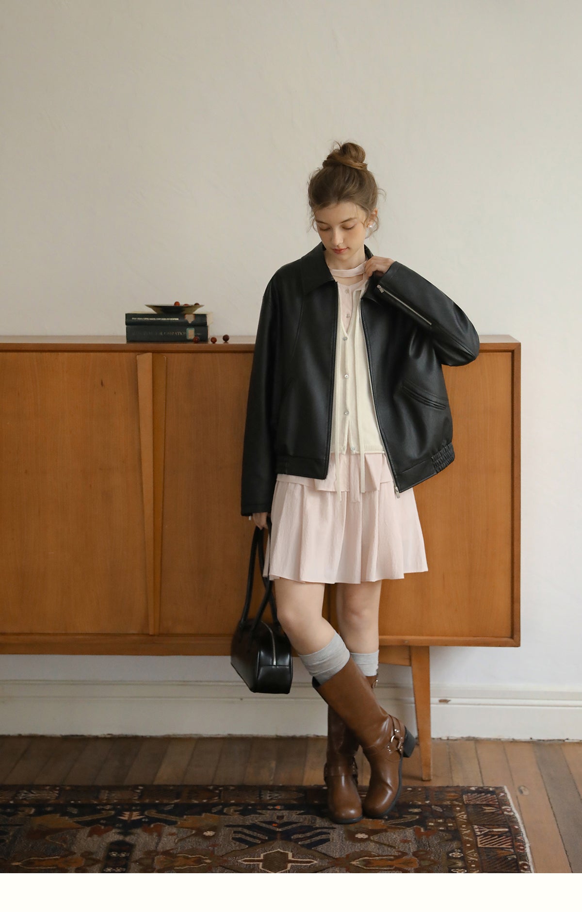 Zip-Up Faux Leather Jacket With Elastic Hem