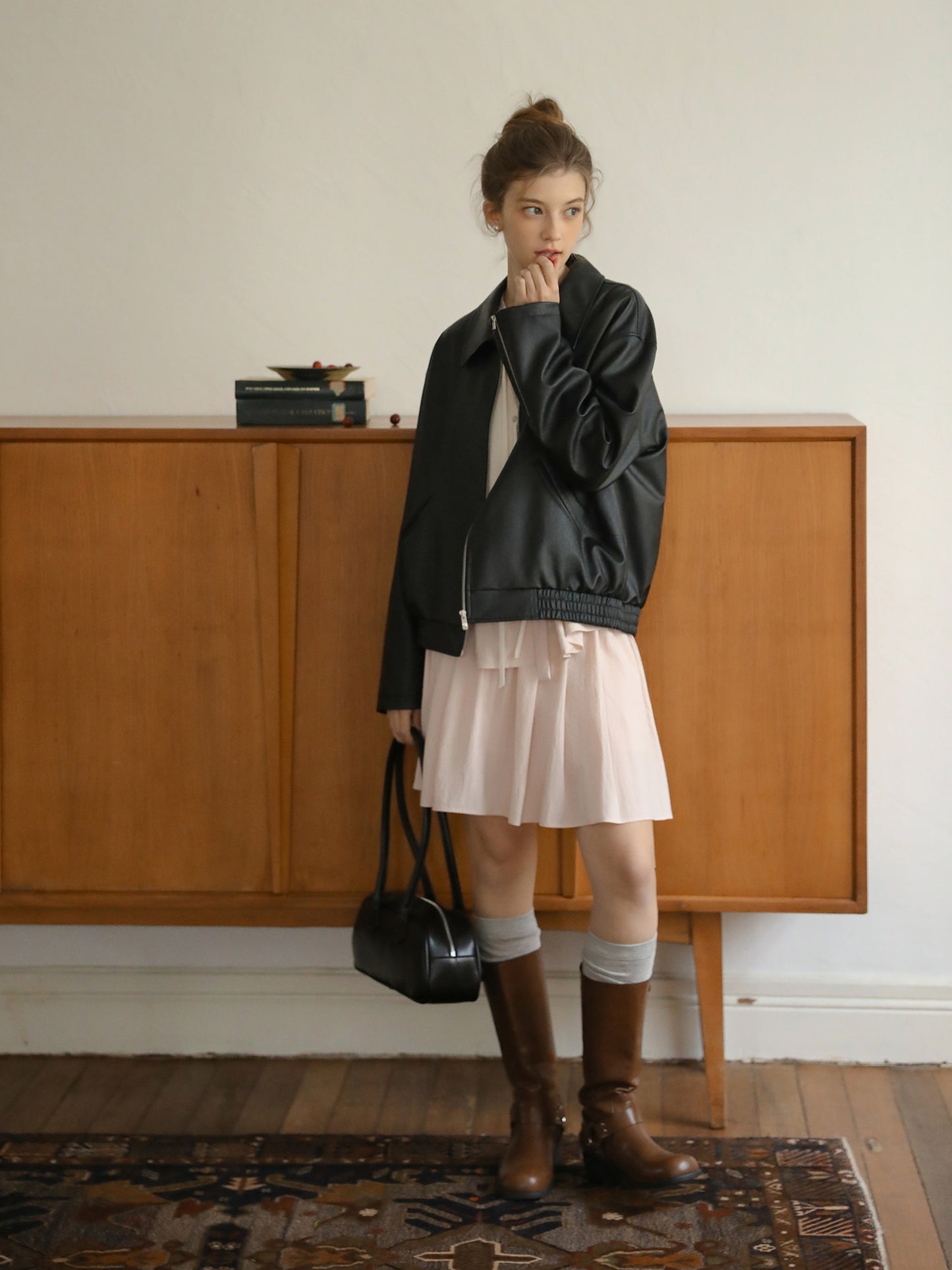 Zip-Up Faux Leather Jacket With Elastic Hem