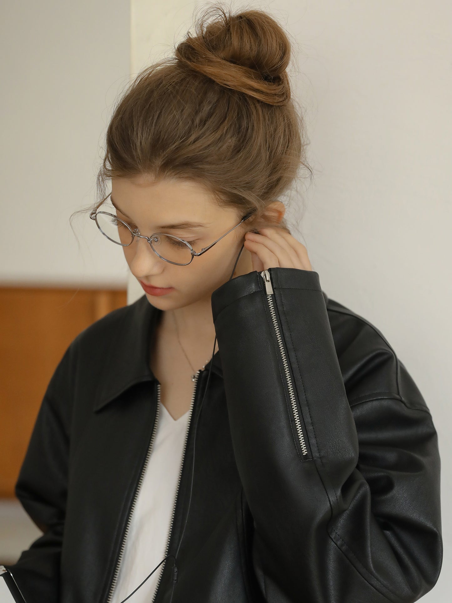 Zip-Up Faux Leather Jacket With Elastic Hem