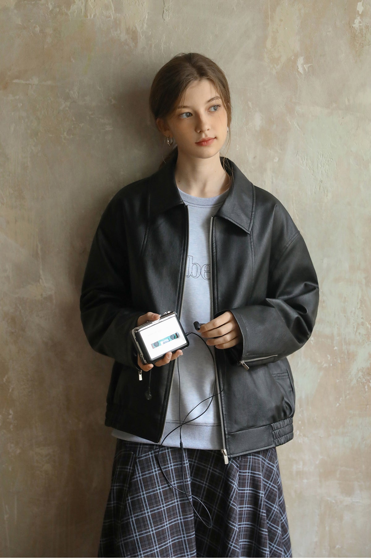 Zip-Up Faux Leather Jacket With Elastic Hem