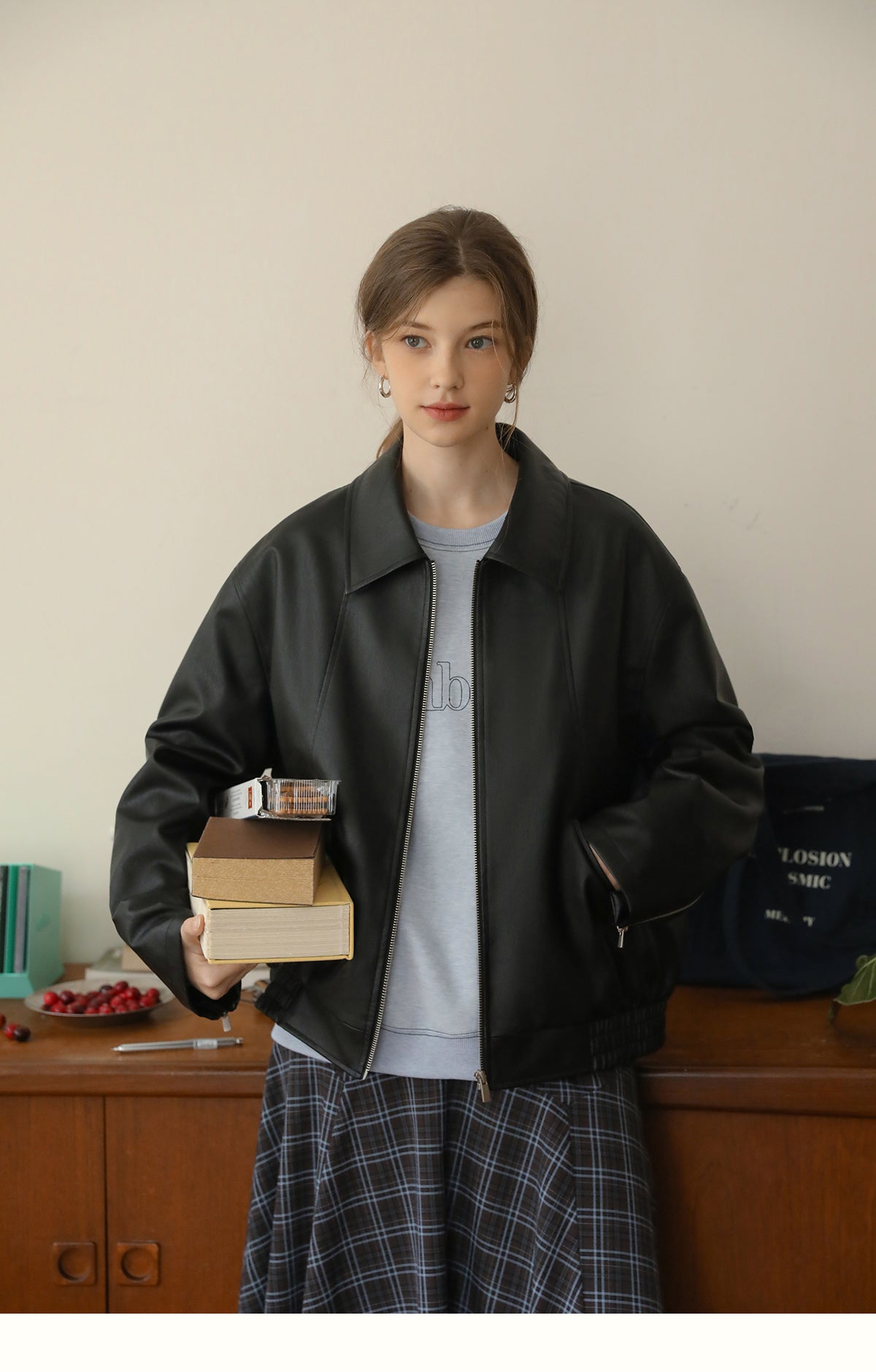 Zip-Up Faux Leather Jacket With Elastic Hem