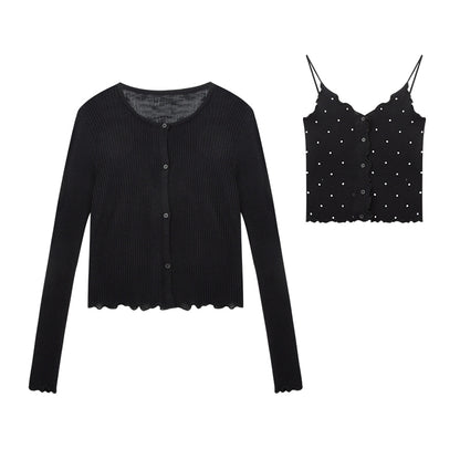 Lettuce-Edge Cardigan & Dotted Camisole Set