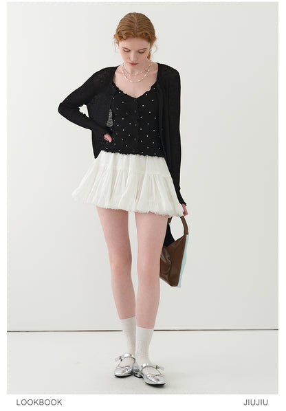 Lettuce-Edge Cardigan & Dotted Camisole Set