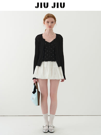 Lettuce-Edge Cardigan & Dotted Camisole Set