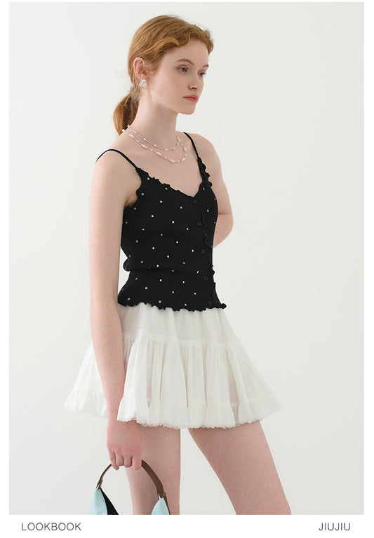 Lettuce-Edge Cardigan & Dotted Camisole Set