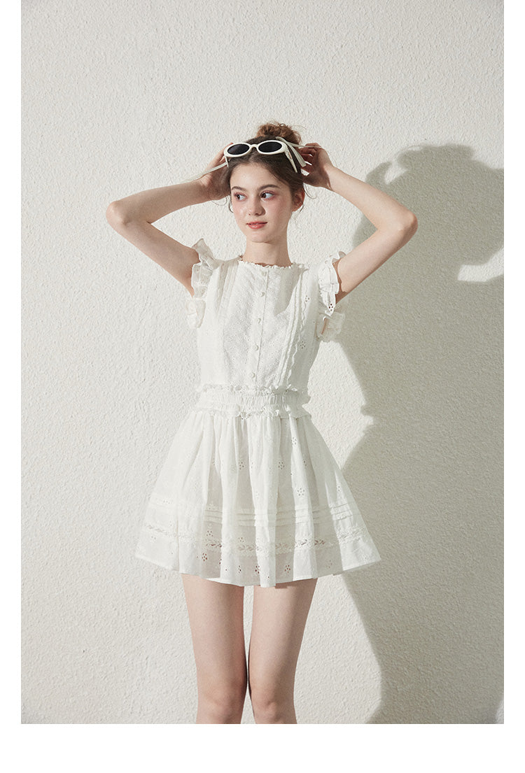 Zip-Up Cotton Lace Dress With Shirred Waist