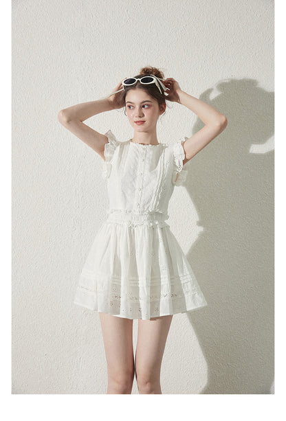 Zip-Up Cotton Lace Dress With Shirred Waist