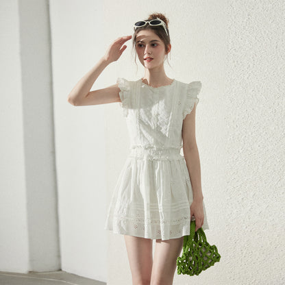 Zip-Up Cotton Lace Dress With Shirred Waist