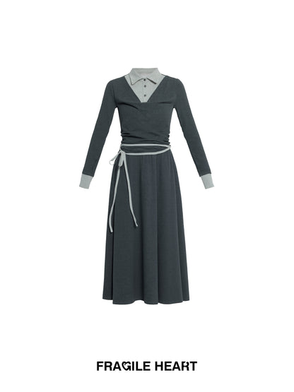 Polo Collar Layered-Look Cotton Knit Dress