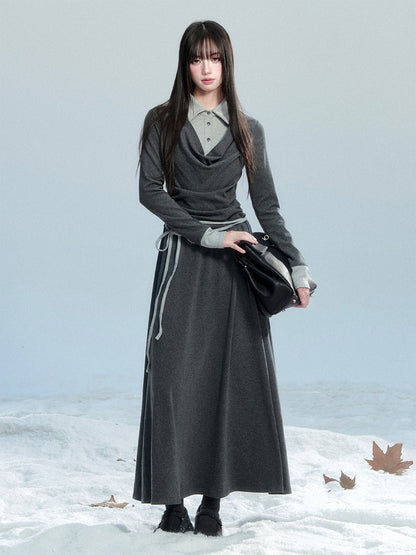 Polo Collar Layered-Look Cotton Knit Dress