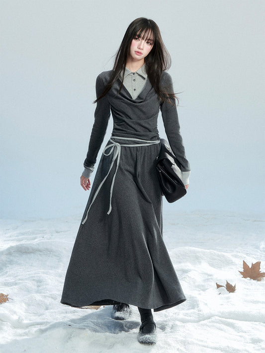 Polo Collar Layered-Look Cotton Knit Dress