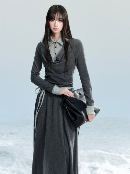 Polo Collar Layered-Look Cotton Knit Dress