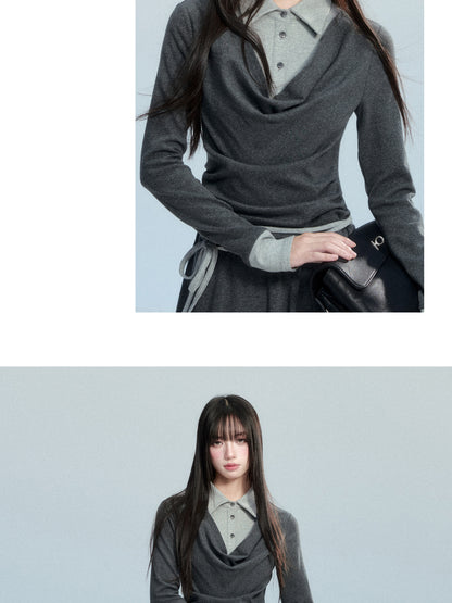 Polo Collar Layered-Look Cotton Knit Dress