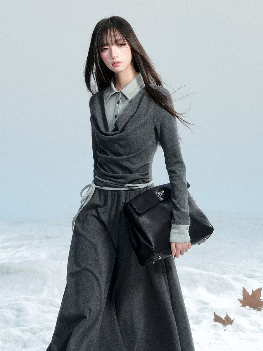 Polo Collar Layered-Look Cotton Knit Dress