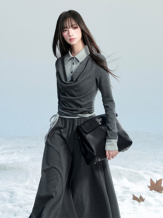 Polo Collar Layered-Look Cotton Knit Dress