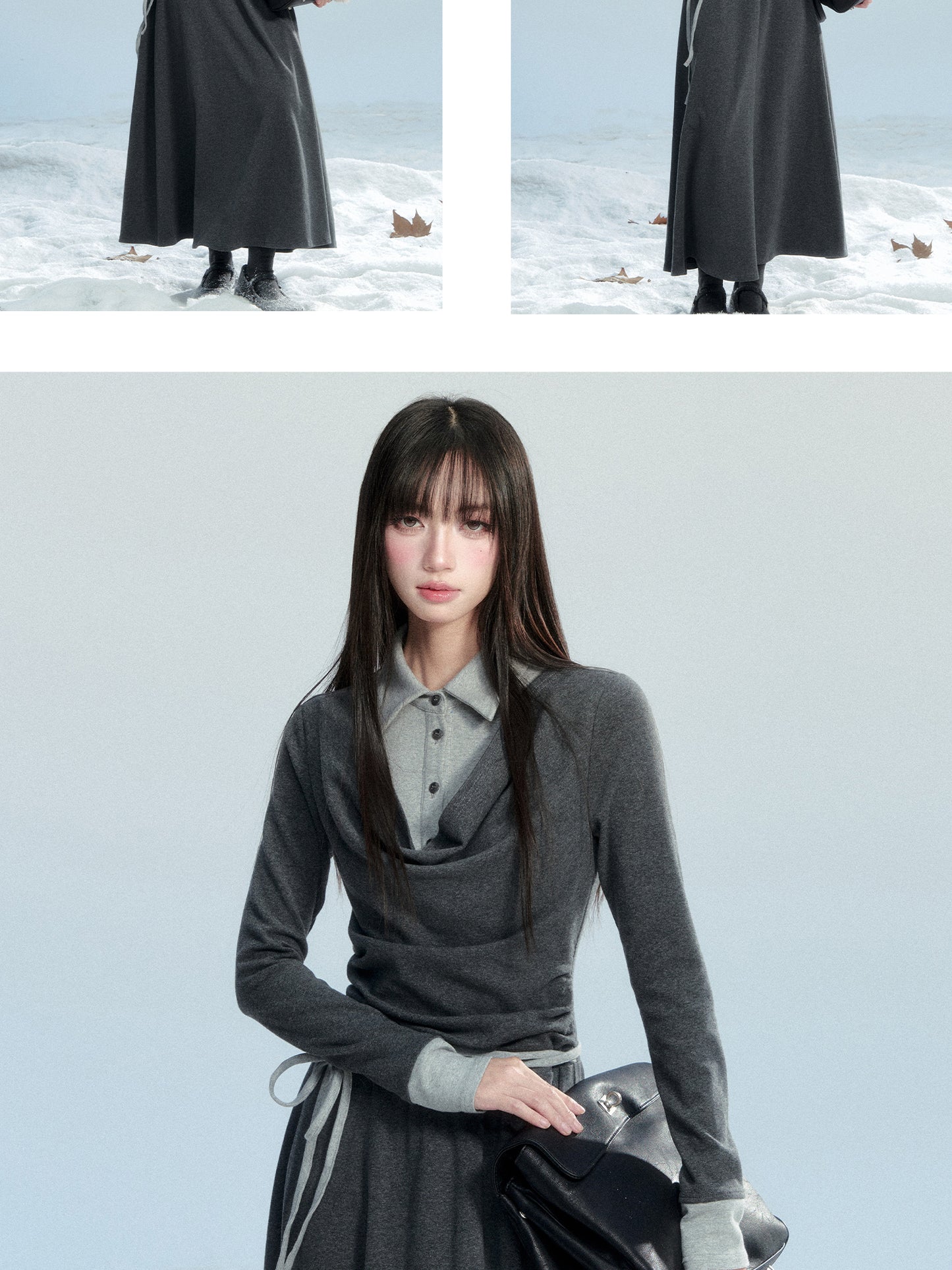 Polo Collar Layered-Look Cotton Knit Dress