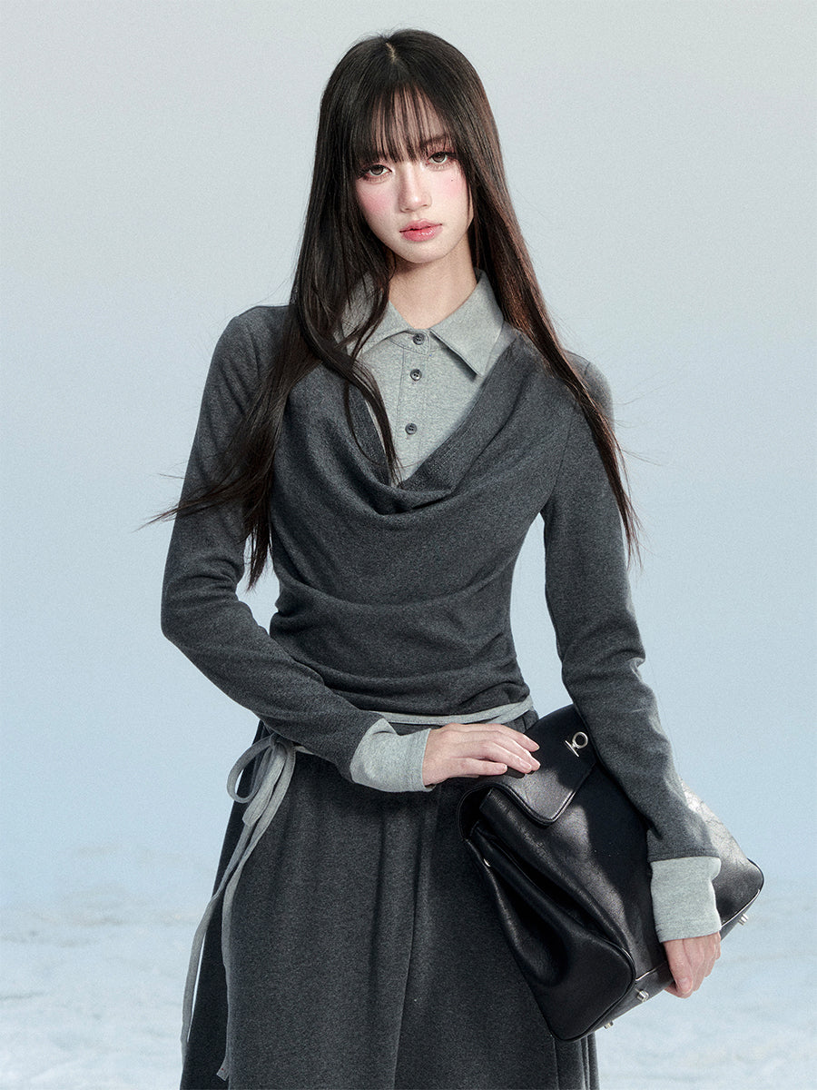 Polo Collar Layered-Look Cotton Knit Dress
