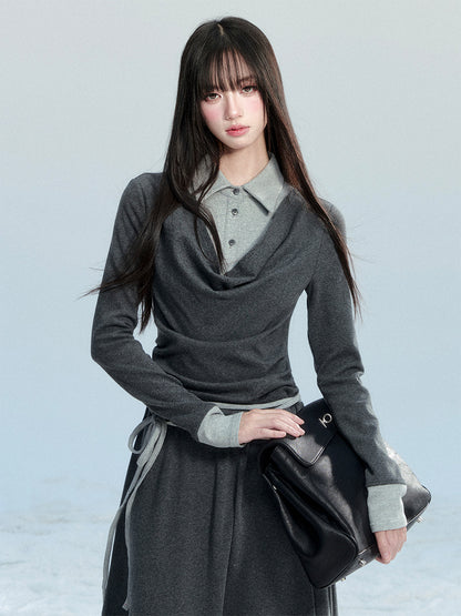Polo Collar Layered-Look Cotton Knit Dress