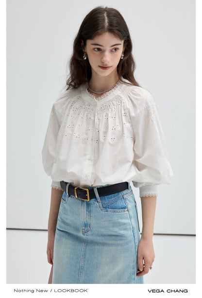 Embroidered Balloon Sleeve Blouse And Denim Skirt