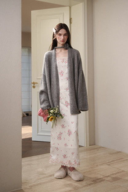 Oversized Open-Knit Cardigan With Flower Accent