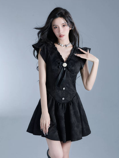 Butterfly Sleeve A-Line Short Dress With Bow And Rose