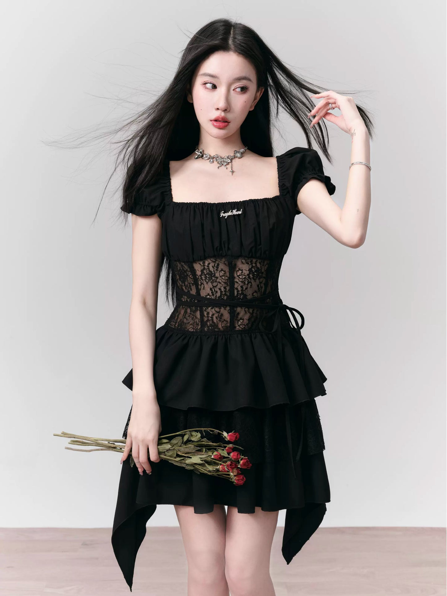 Puff Sleeves Lace Ruffled Short Dress With Thin Waist Strap