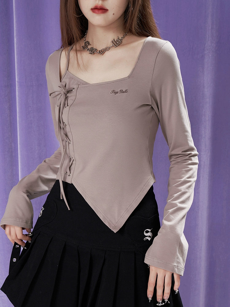 Layered-Look Open Neck Lace Up Long Sleeved T-Shirt