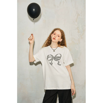 Bow Sequin Embroidery Loose Round Neck Short-sleeved T-shirt