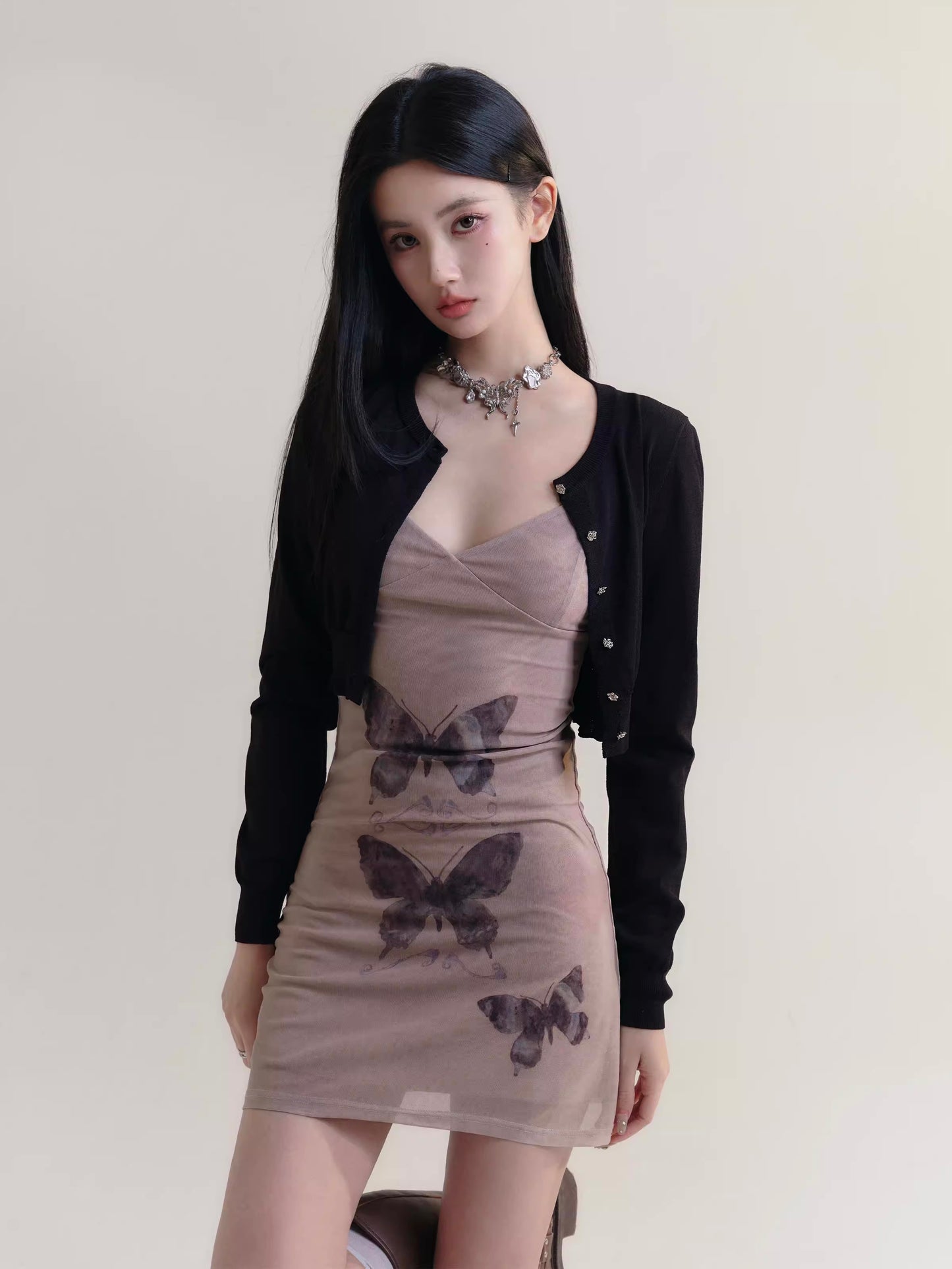 Butterfly Print Soft Sheer Breathable Lined Camisole Dress