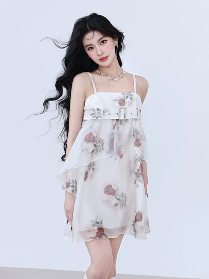 Rose Floral Belted A-Line Mini Camisole Dress