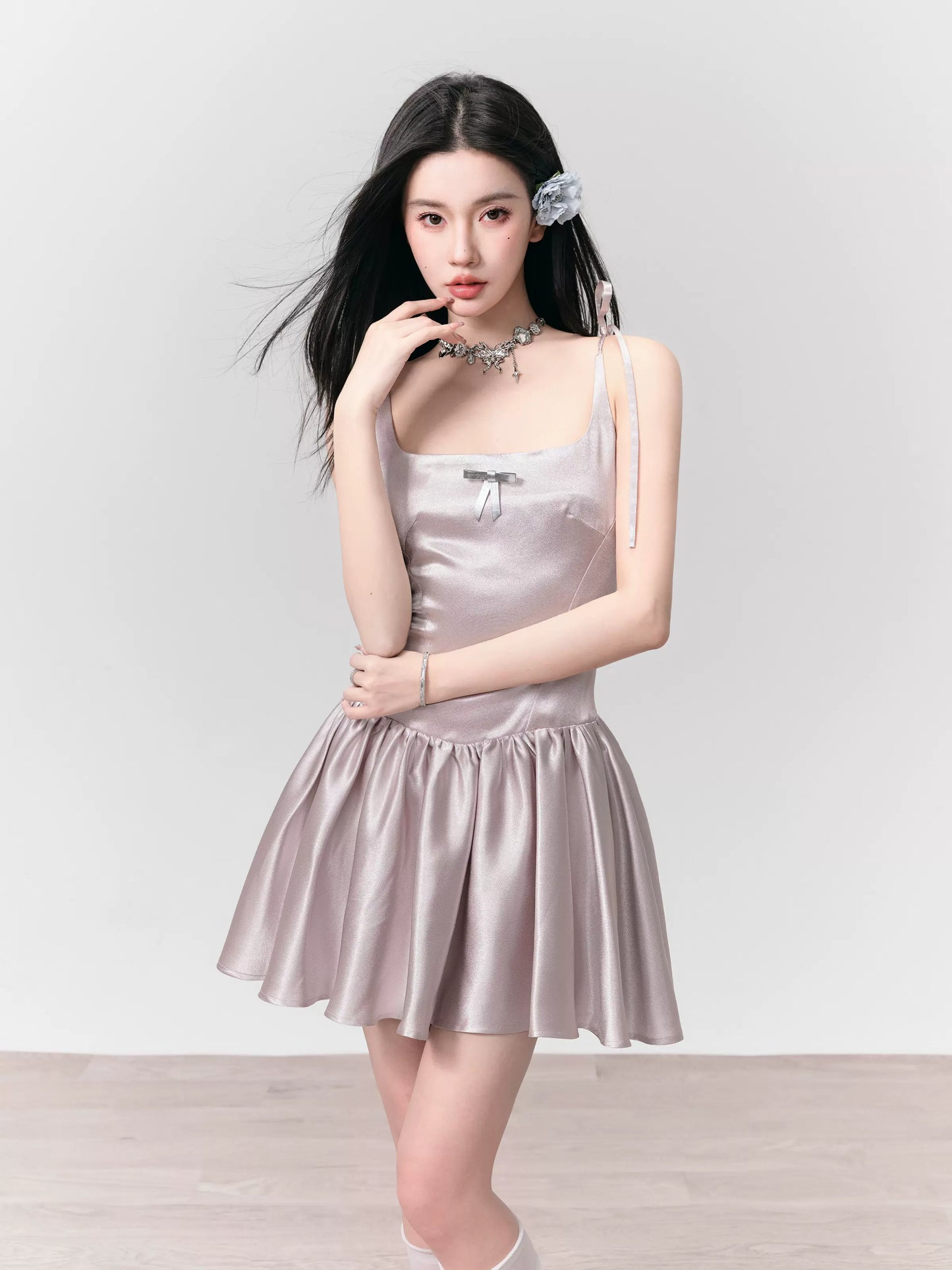 Satin Flowy Short Dress With Removable Faux Leather Bow