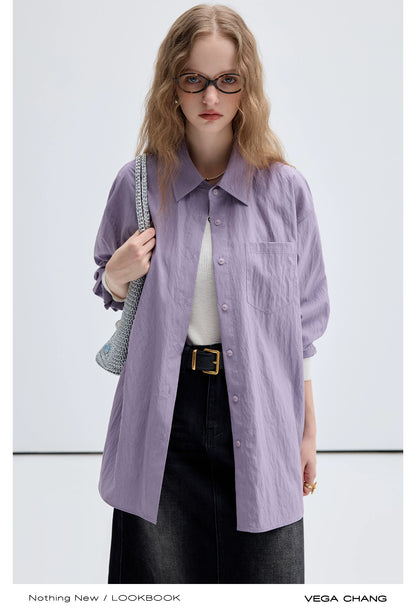 Wrinkled Texture Loose Fit Longline Color Shirt