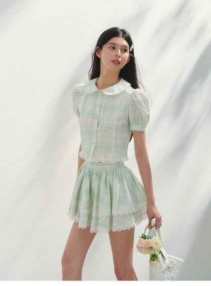 Puff-Sleeve Blouse & Tiered Skirt - Plain Or Plaid