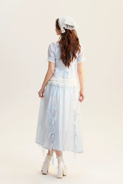 Tie Detail Sheer Blouse, Skirt & Ruffled Camisole