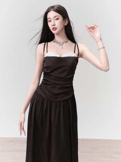 Ruched Glossy Satin Long Camisole Dress With Double Straps