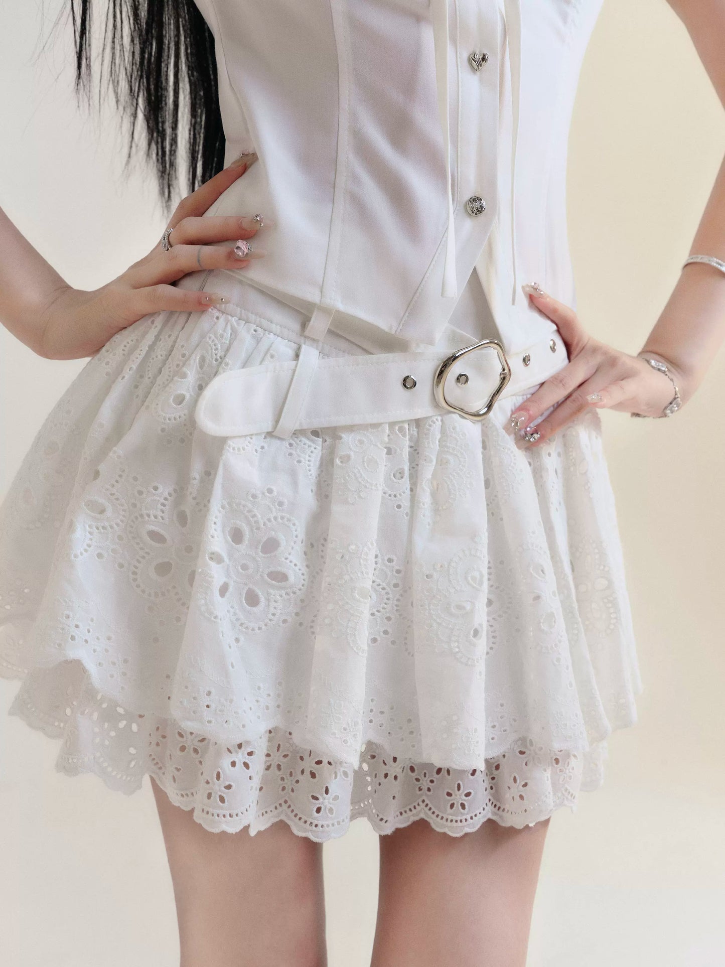 Mix And Match Puff Sleeve Big Collar Shirt And Frilled Skirt