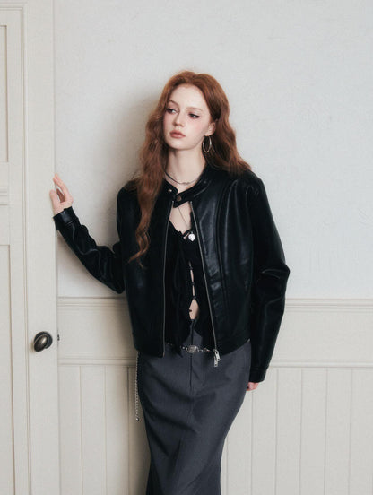 Faux Leather Jacket With Stand Collar